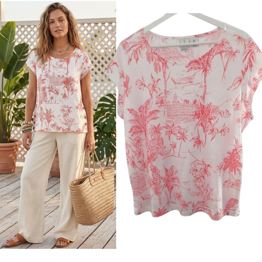 Joie Linen Top Women's Sz L Red White Tropical Print Short Cap Sleeve Pullover